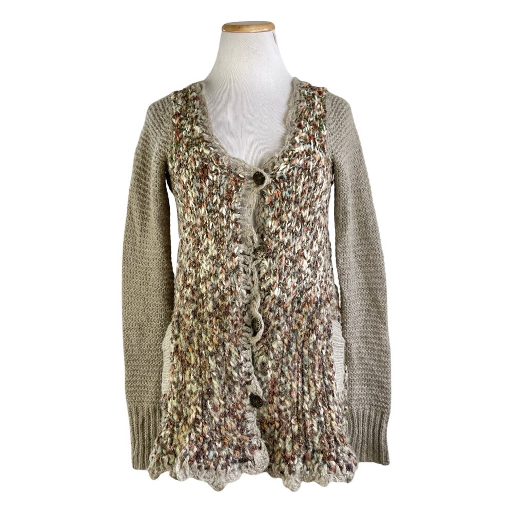 FREE PEOPLE Cardigan Sweater Size Small Crochet Look Wool Blend Pocket Tan Brown